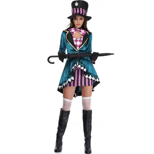 EtherealBe sexy mad hatter costume for women with vibrant teal jacket and striped skirt