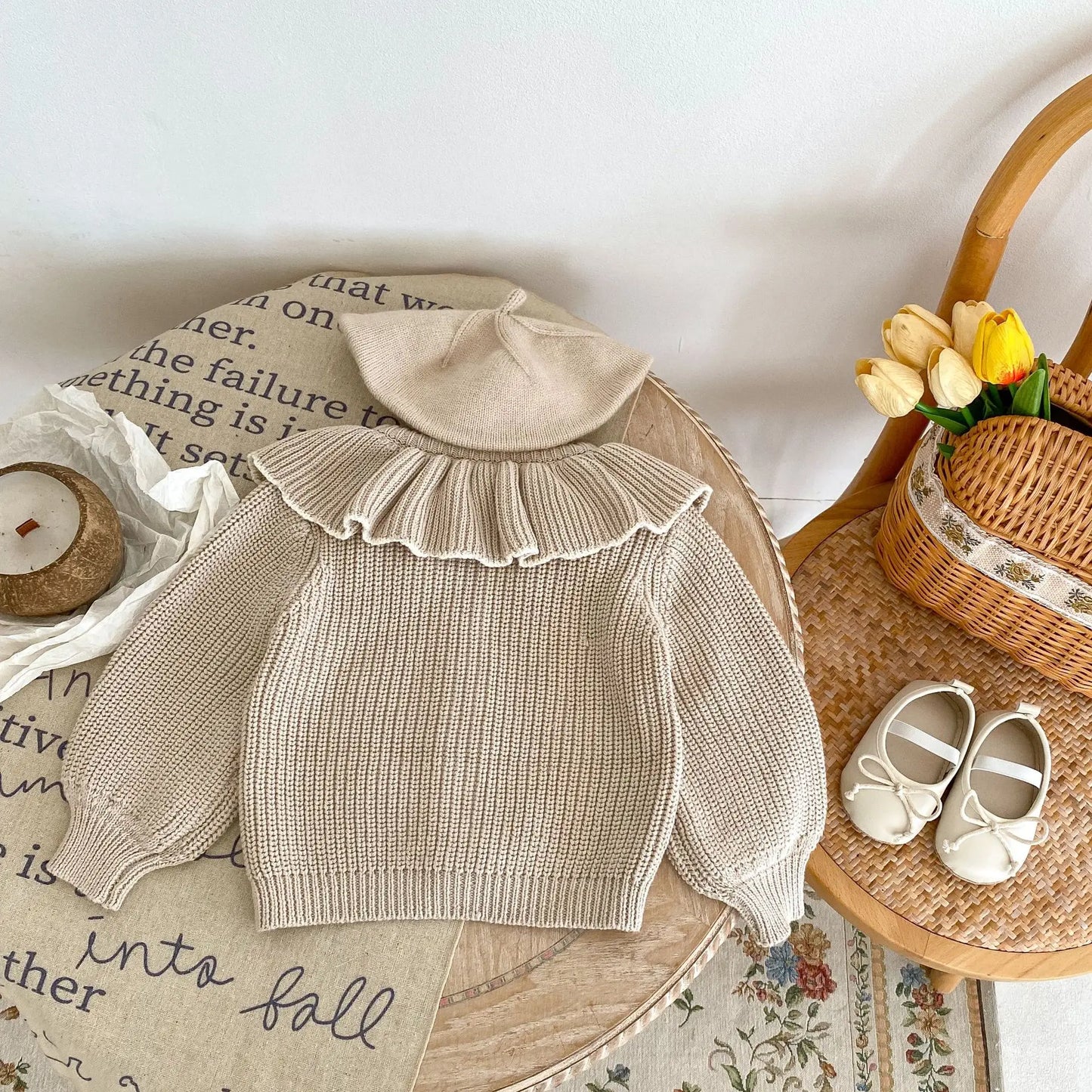 INS Spring and Autumn Infants' 0-3 Year Old Girl Baby Fashion Ruffle Collar Knitted Coat Small Cardigan Sweater Top