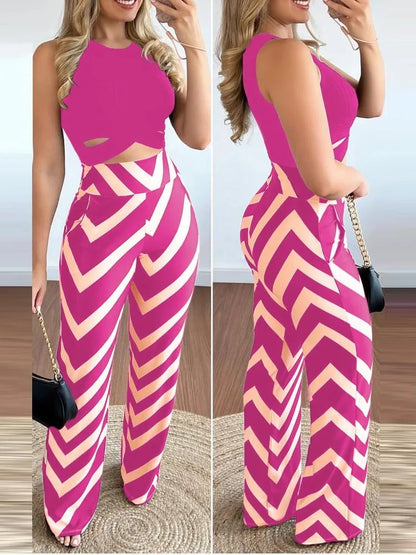 Spring Summer New Sleeveless Short Top Women's Suit Fashion Printed Trousers Slim Slim Simple Elegant Female Office 2 Piece Set