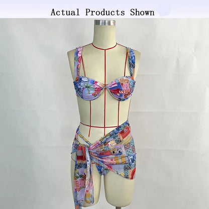 BEACHCICI Women's Bikini Three Piece Stylish Sexy Printed Tie up Pleated Suspender High Waist Thong Beach Vacation Swimsuit