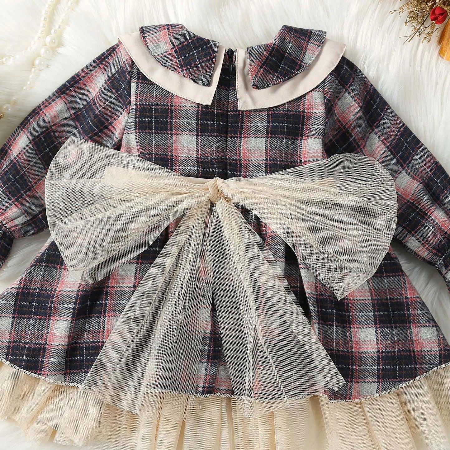 0-5Y Christmas Princess Kids Girls Autumn Dress 3 Colors Peter Pan Collar Long Sleeve Plaid Print Lace Tulle Tutu Bowknot Dress