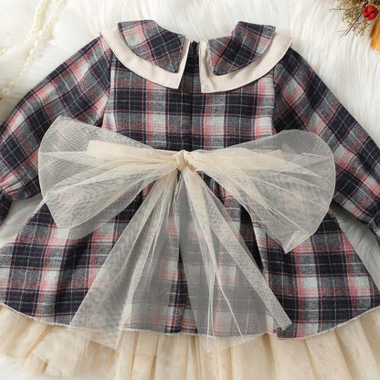 0-5Y Christmas Princess Kids Girls Autumn Dress 3 Colors Peter Pan Collar Long Sleeve Plaid Print Lace Tulle Tutu Bowknot Dress