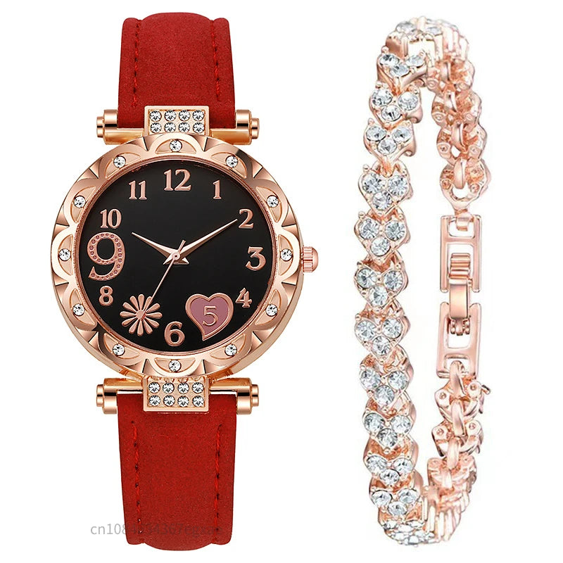2/1PCS Fashion Heart Dial Women's Watches Luxury Leather Band Quartz Watch Rhinestone Bracelet Set Female Relogio Feminino