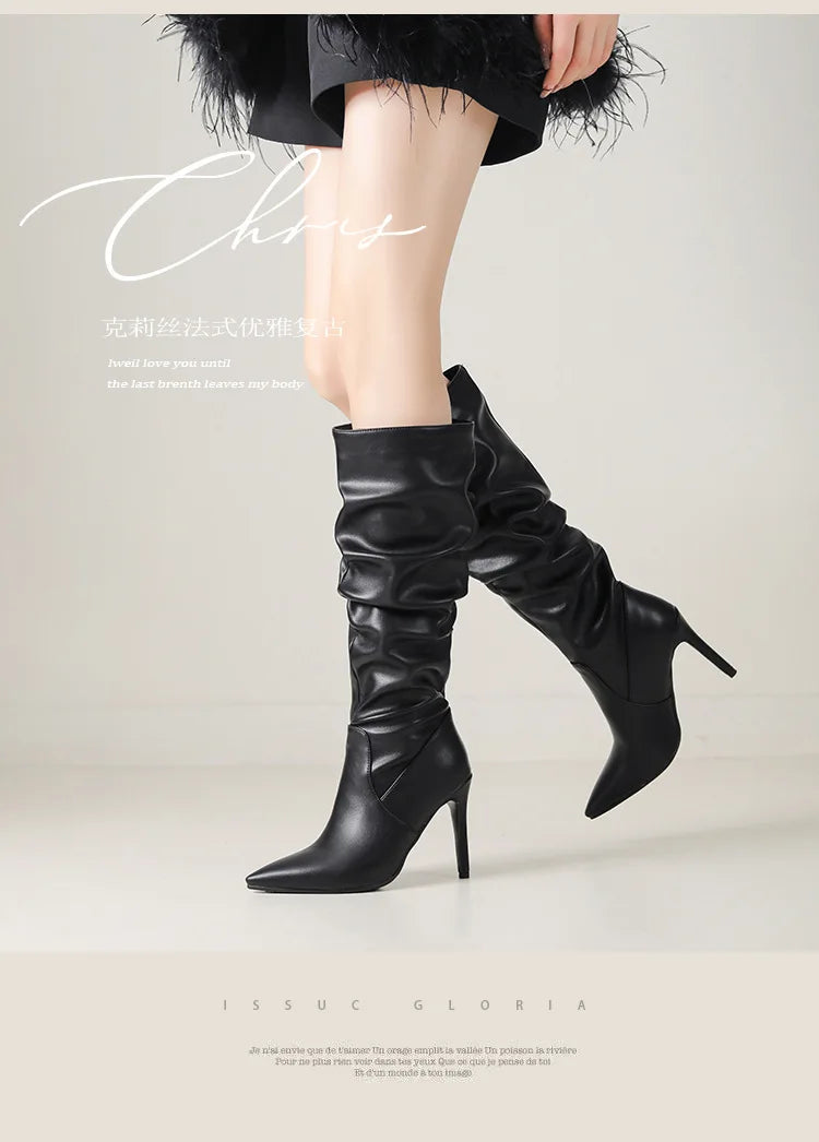 2025 Winter Knee Boots With Heels Woman 10CM Stiletto Fashion Slip on Pointy Autumn Shoes Women Soft Leather Pleated Long Boots