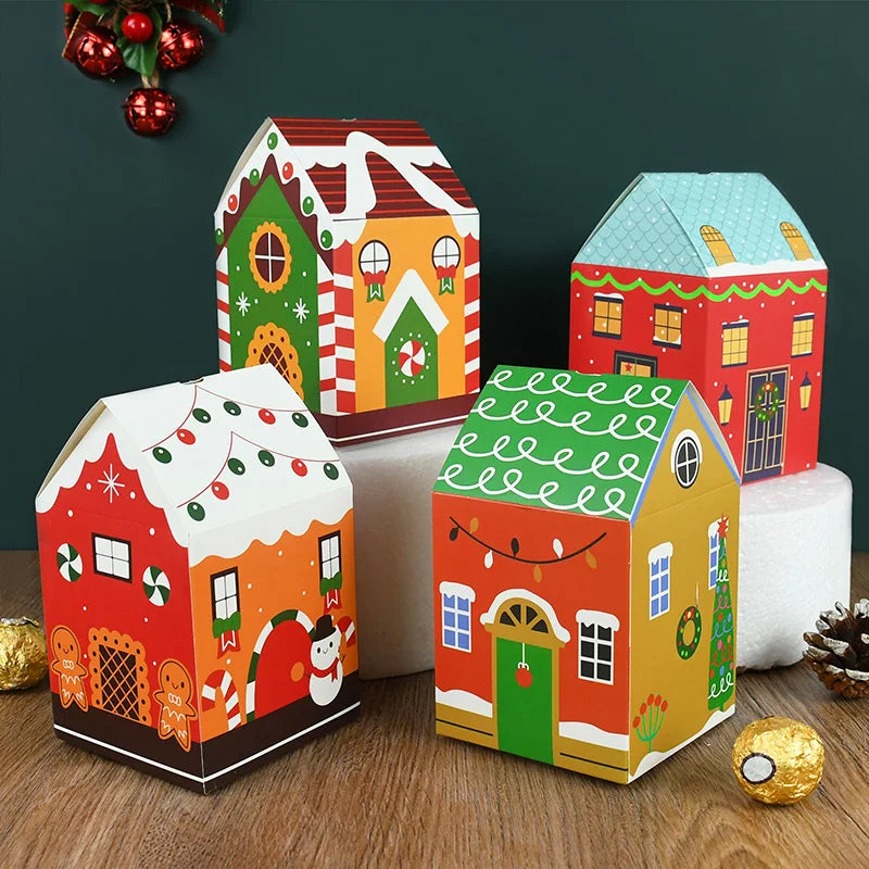 4pcs Christmas House Shape Candy Box Cartoon Merry Christmas Gift Packaging Chocolate Box Navidad 2025 New Year Party Kids Gifts