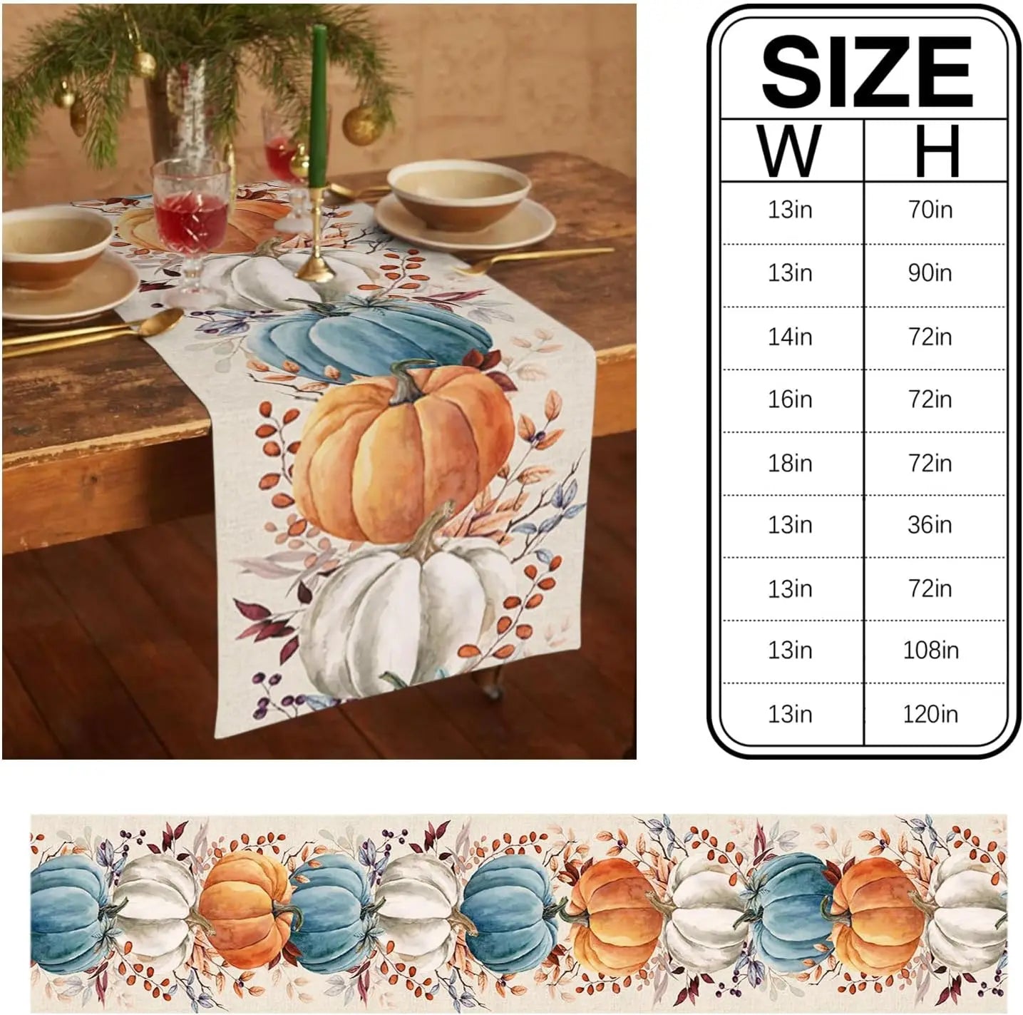 Fall Thanksgiving Colorful Pumpkins Eucalyptus Leaves Linen Table Runners Autumn Dresser Scarf Holiday Wedding Party Table Decor