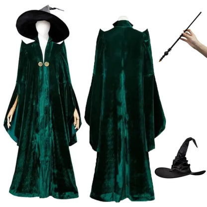 School of Witchcraft and Wizardry Professor Minerva McGonagall Cosplay Costume Dress Green Cloak Velvet Robe Halloween Costumes