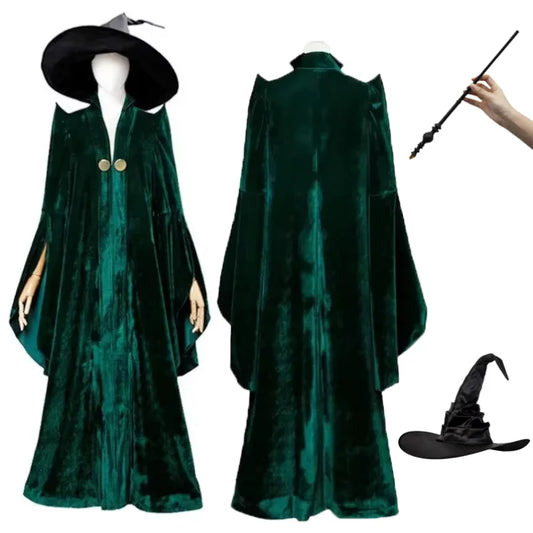 School of Witchcraft and Wizardry Professor Minerva McGonagall Cosplay Costume Dress Green Cloak Velvet Robe Halloween Costumes