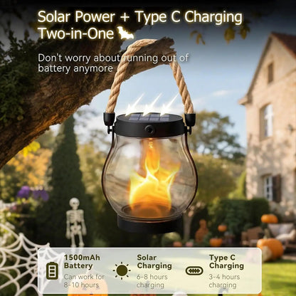 Camping Lamp Solar Flame Lights Garden Lantern Flickering LED Light Decorative Yard Decor with Rope Halloween Party Home Decor