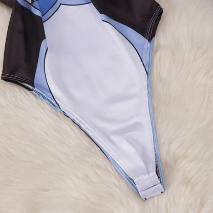 kawaii cartoon bodysuit costume for women close up of light blue white torso and snap crotch on faux fur