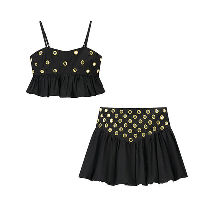 Women's Metal Hollow Pleated Suspender Skirt Two Piece Set Sexy Sleeveless Vest High Waist Mini Skirt Lady Vacation Dress Sets