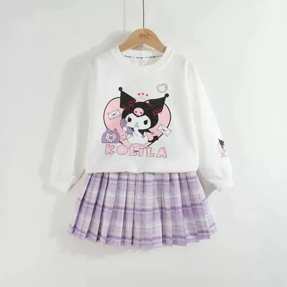 Kids Clothes Set Spring Autumn Children Kuromi Long Sleeved Sweater Tops+Checkered Pleated Skirt 2pce Teen Girls Preppy Clothing