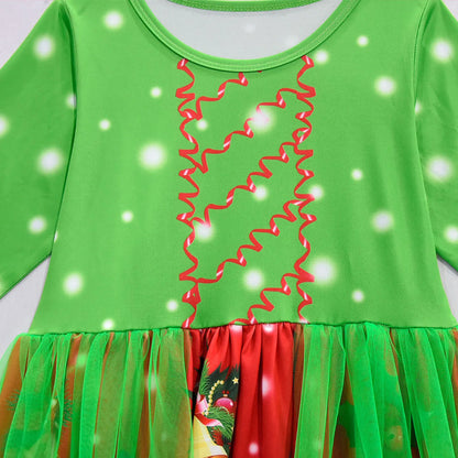 Toddler Kids Girls Cute Infant Christmas Cartoon Prints Costume Cosplay Party Dresss Shawl Outfits Children Xmas Fancy Dress Up