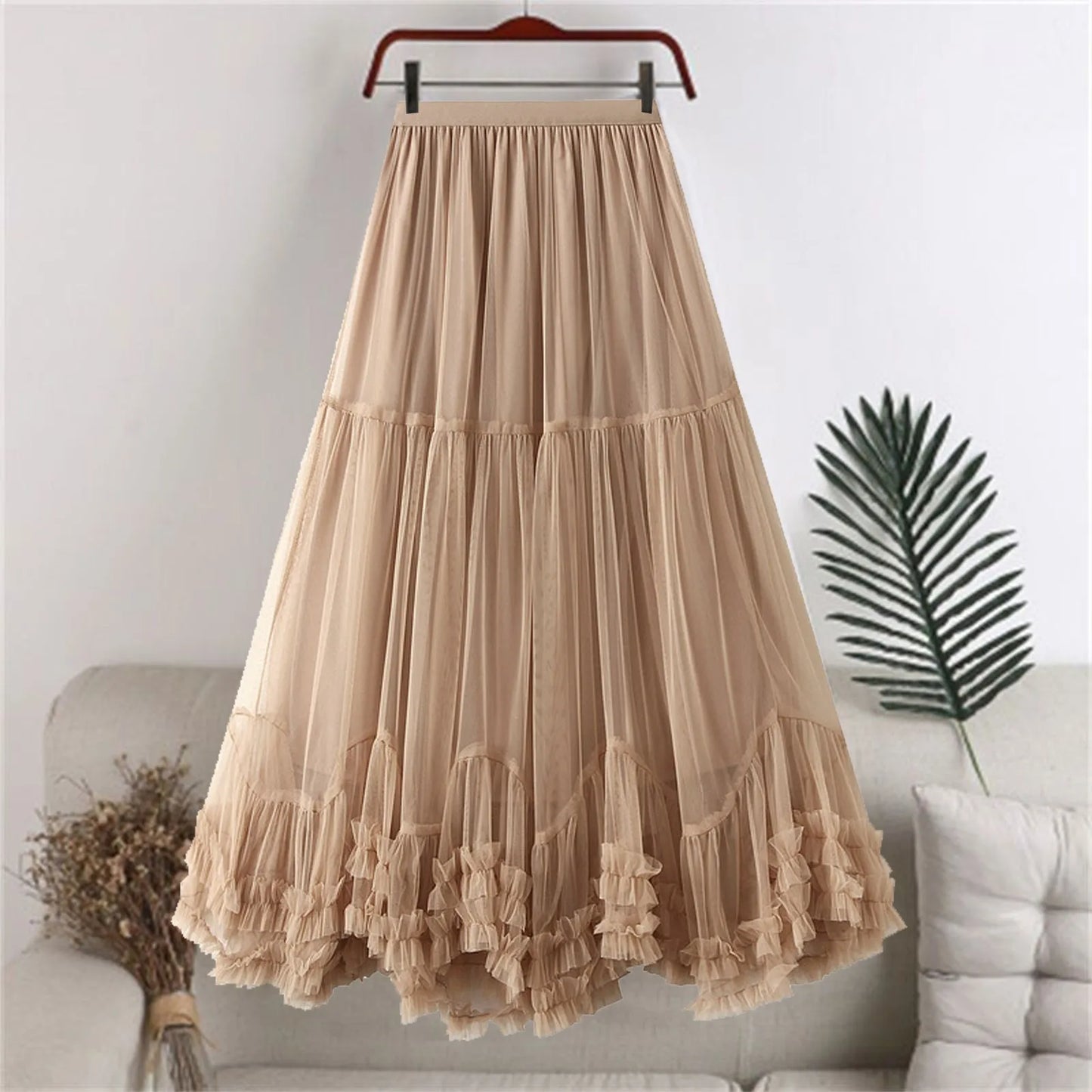 Women's Tutu Skirt Fairy Elastic Waist Large Swing Tulle Skirt Festival Mesh Ballet Dancing Clothes Ruffled Layer Long Skirt
