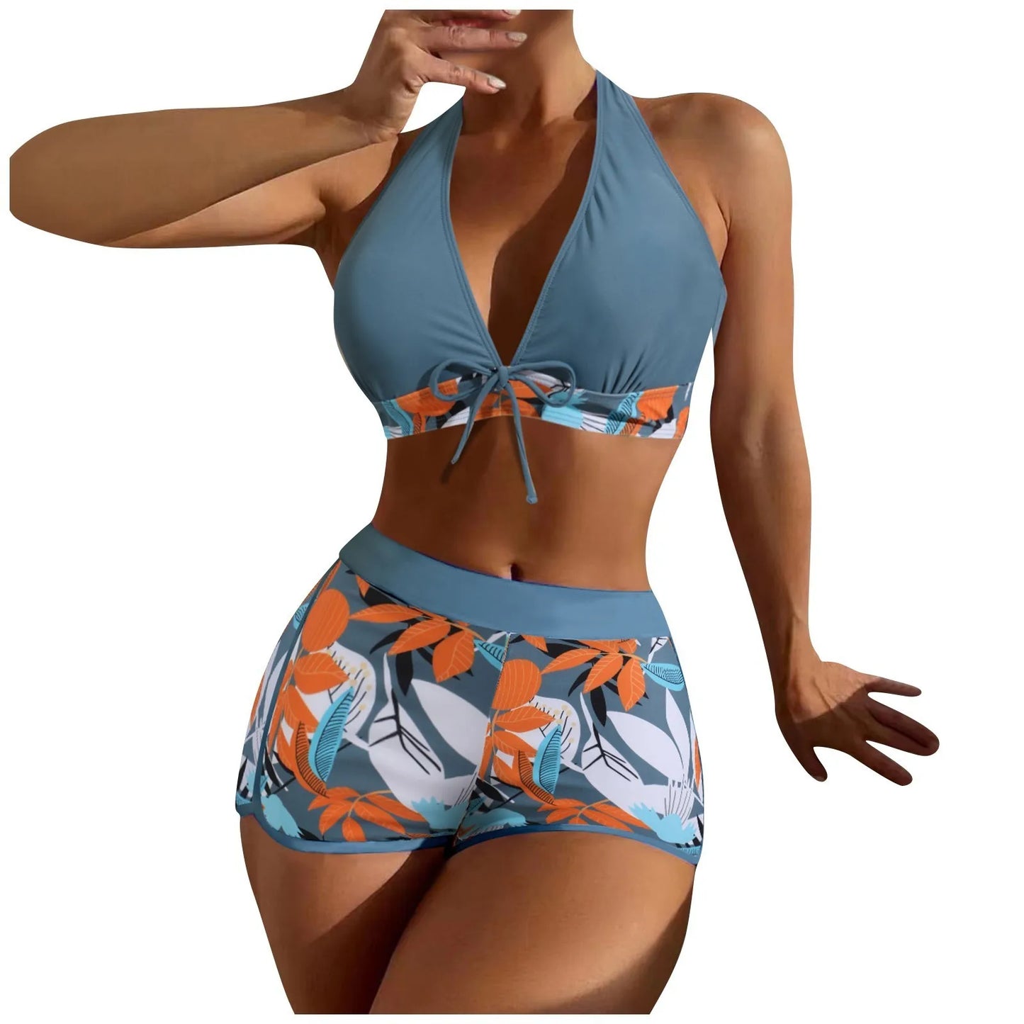 Women's Paneled Printed Swimsuit Ladies Fashion Sexy Split Boxer High Waist Swimsuit Two-Piece Set V-Neck Bathing Suits Female