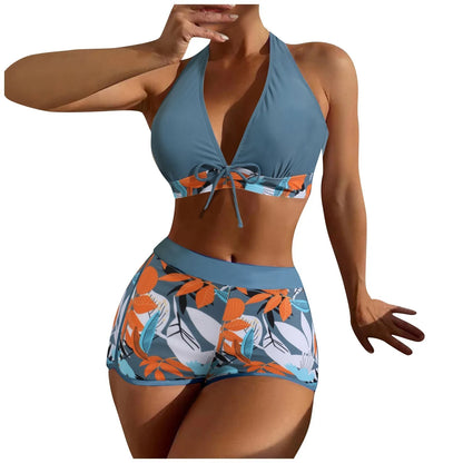 Women's Paneled Printed Swimsuit Ladies Fashion Sexy Split Boxer High Waist Swimsuit Two-Piece Set V-Neck Bathing Suits Female