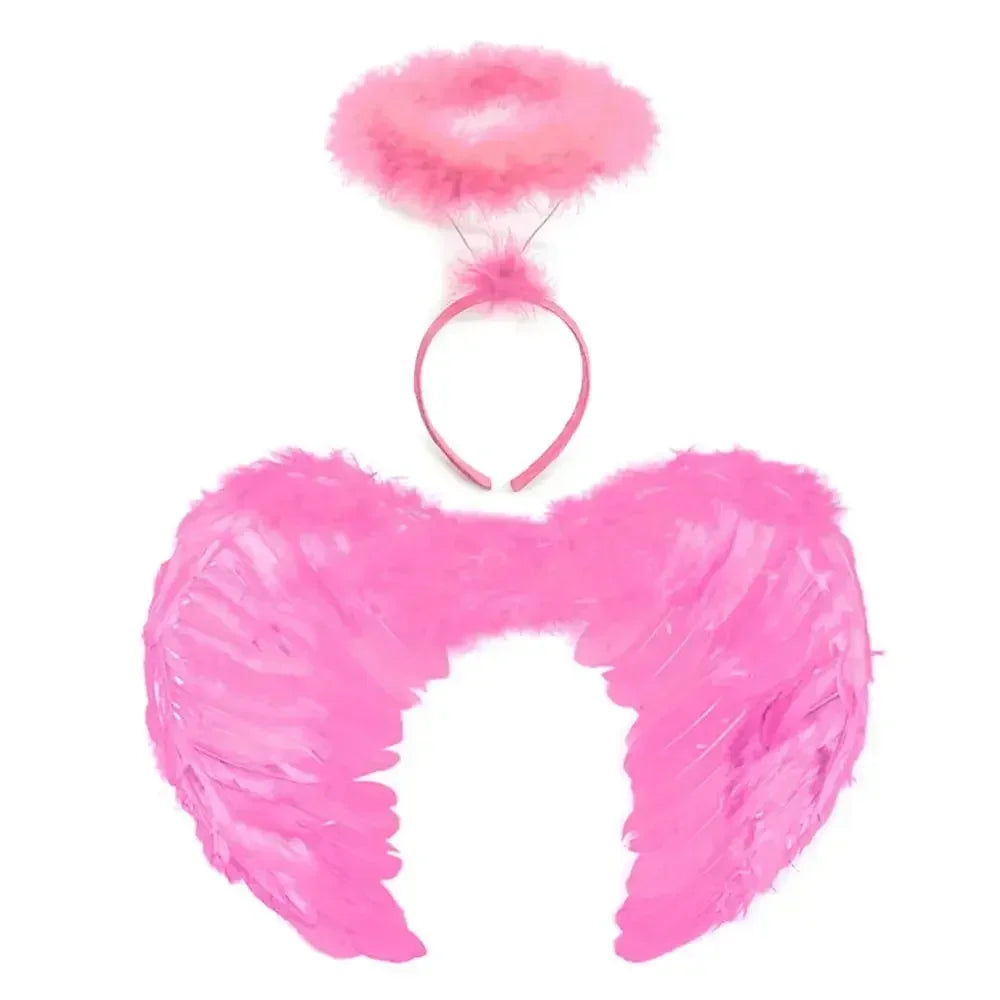 Pink angel wings halo costume set with feathered wings and matching halo headband