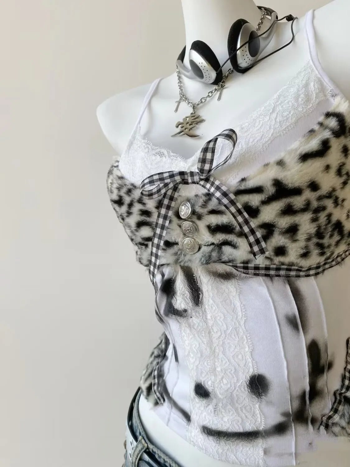 Vintage Hottie Halter Tank Tops Subculture Leopard Patchwork Vest Women's Kawaii Kitten Print Slim Y2K Crop Tops Women Clothes