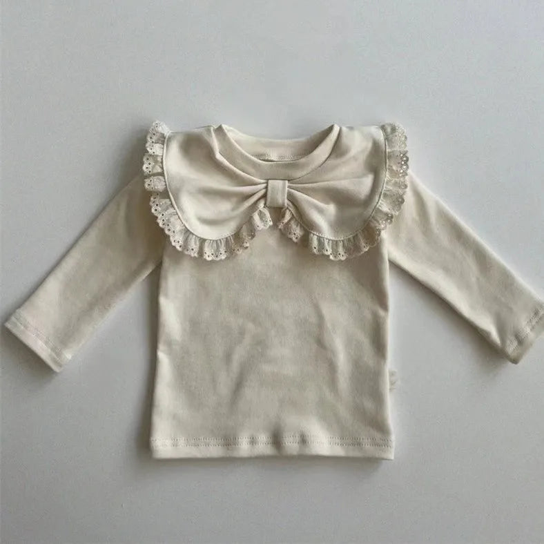 2024 Autumn New Baby Girl Long Sleeve T Shirts Infant Bow Bottoming Shirt Floral Casual Tops Toddler Kids Clothes Baby Tees