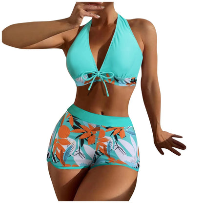 Women's Paneled Printed Swimsuit Ladies Fashion Sexy Split Boxer High Waist Swimsuit Two-Piece Set V-Neck Bathing Suits Female