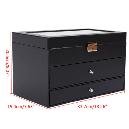 3 Layer Leather Watch Box with Glass Window for 12 Watch Eyeglasses&Sunglasses Jewelry Display Drawer Case Organizer Black