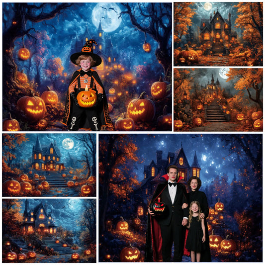 EtherealBe Halloween photo backdrop featuring spooky pumpkins and a haunted house scene
