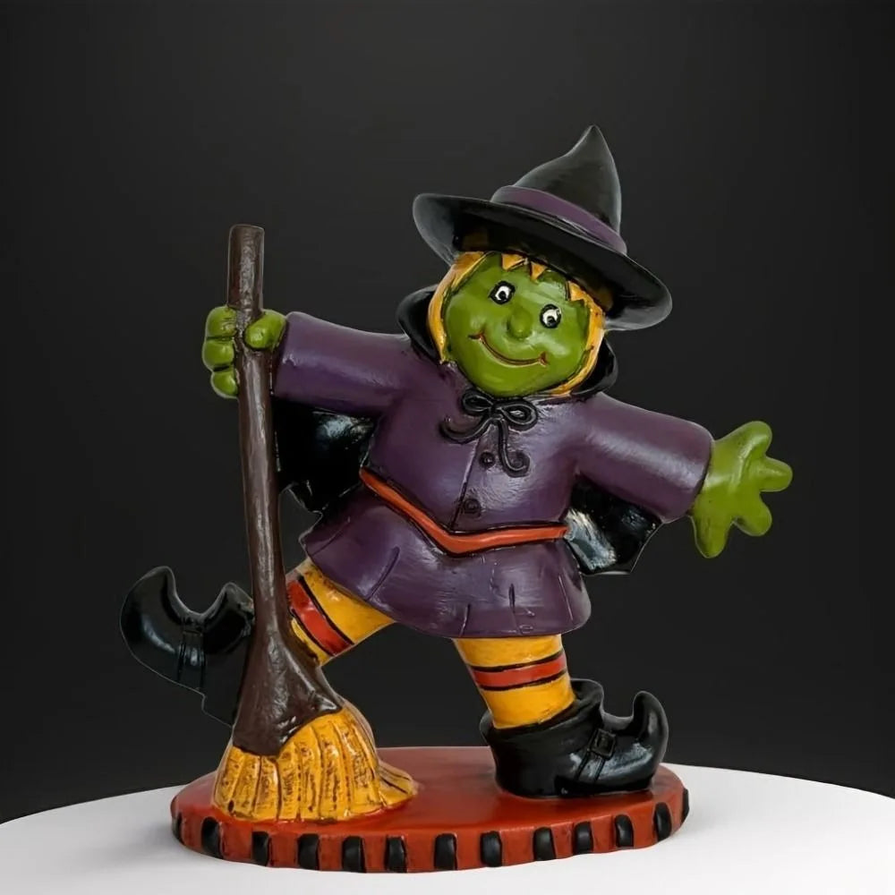 Colorful Halloween witch figurine with a broom, playful expression, and purple attire