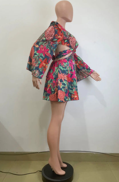 Two Piece Sets Women Skirt Set Print Floral Matching Sets V Neck Flare Sleeve Top Short Skirts Dress Sets Lace Up High Waist