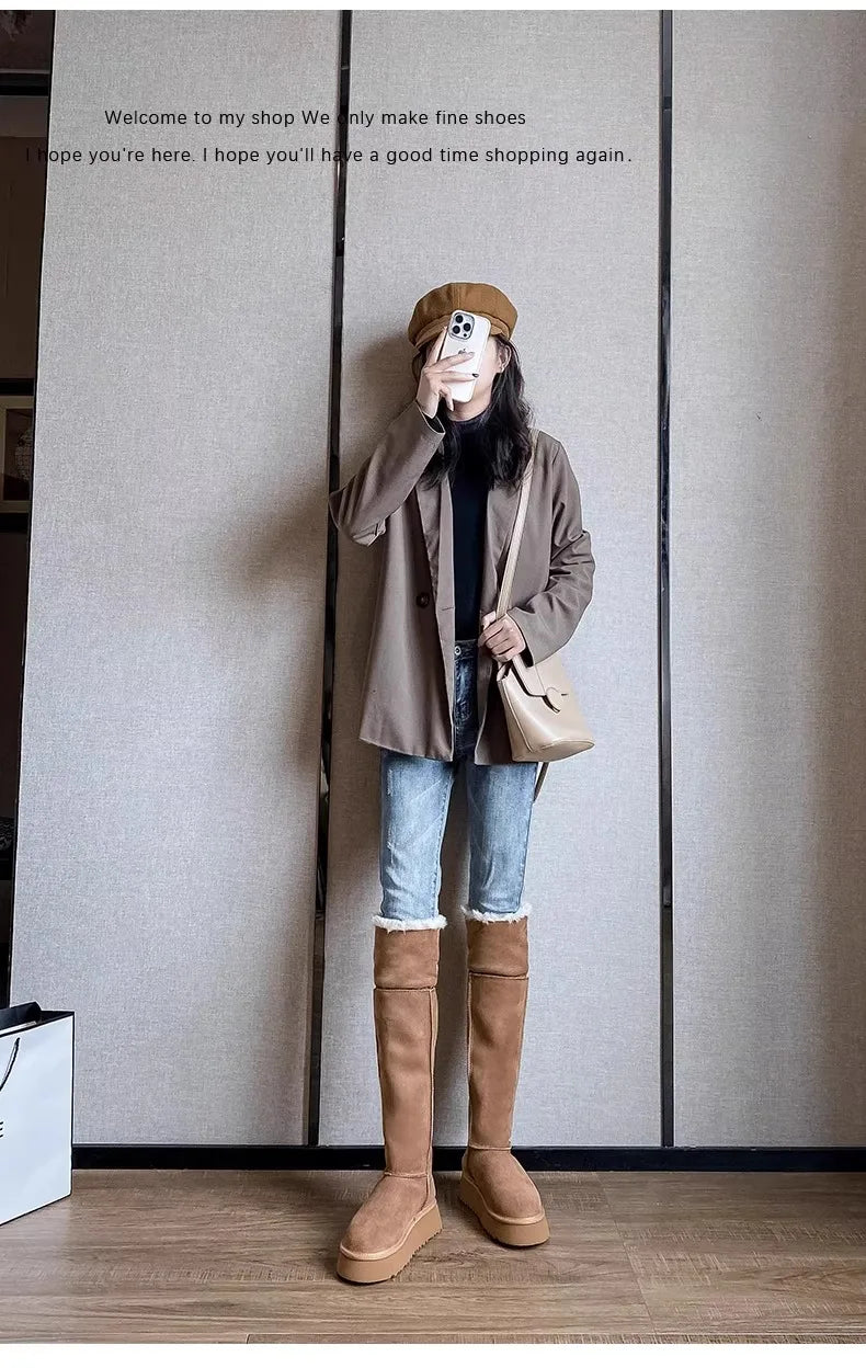 Turned-over Edge Knee-high Snow Boots Flat with Slip-on Ladies Shoes 2024 High Quality Round Toe Mid Heel Concise Women's Boots