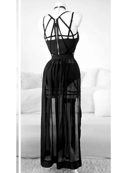 2024 Gothic Club Corsets Sexy Skirt Set See Through Mesh Backless Women Sleeveless Dark Crop Tops Bandage Underpants Skirt 3 pcs