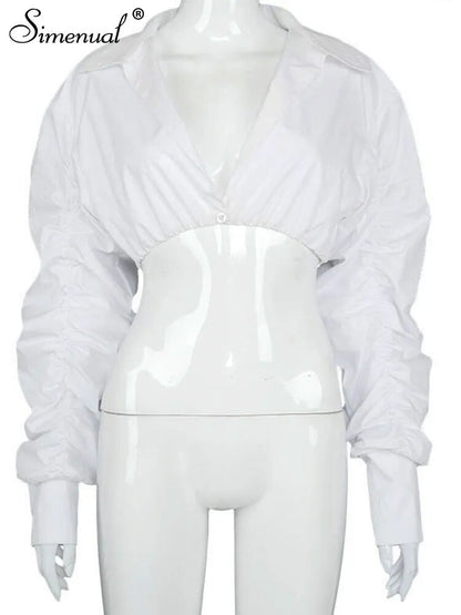 Simenual Button Ruched White Puff Sleeve Blouse Shirts Women Long Sleeved Fashion Fall 2021 Clothing Crop Blouses Solid Baddie