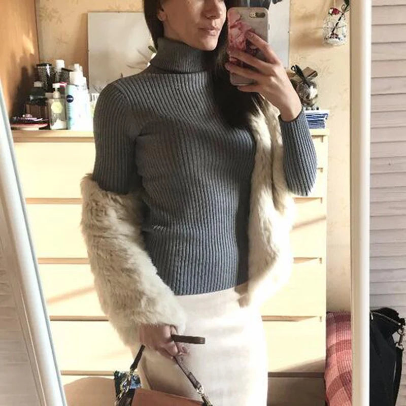 Autumn Winter Women Knit Solid Turtleneck Pull Sweater Casual Rib Jumper Tops Female Home Pullover Y2K Clothing 2025
