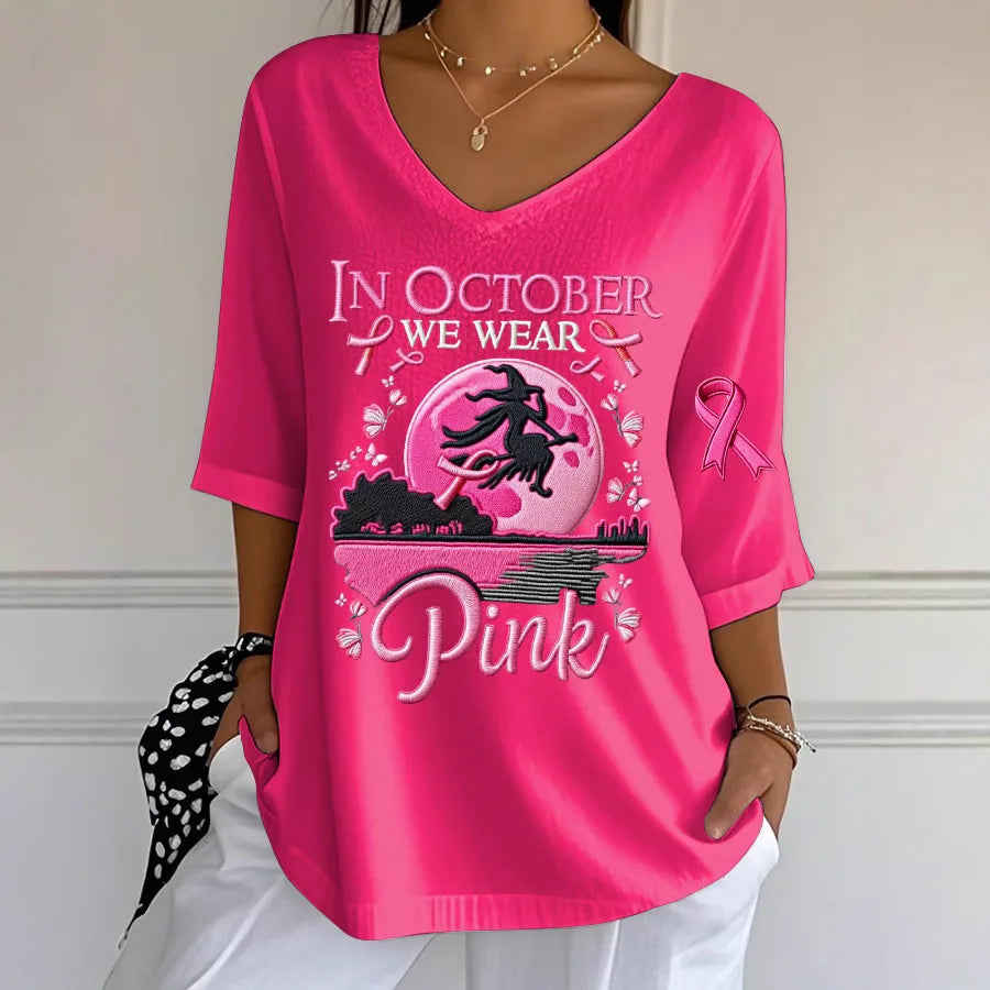EtherealBe women's Halloween graphic t-shirt in pink featuring a spooky design for festive celebrations