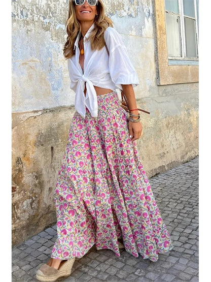Printed Skirt Women 2023 Summer New Fashions Casual Beach Long Party Loose Ladies Vacation A Line Skirts Elegant Bohemian MsChuh