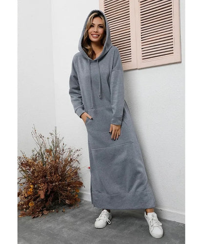 Autumn and Winter New Loose Size Knitted Hooded Long Dress Plush Casual Fashion Dress Large Pocket Skirt Women's Wear
