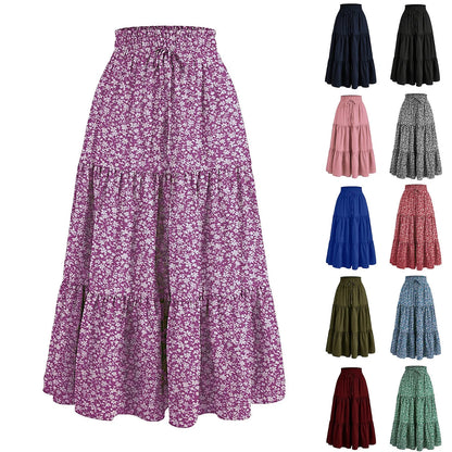 Women'S Boho Vintage Floral Print Maxi Skirt Elastic High Waist Pleated Flowy A Line Long Skirts Toddler Fall 2024 Falda Short