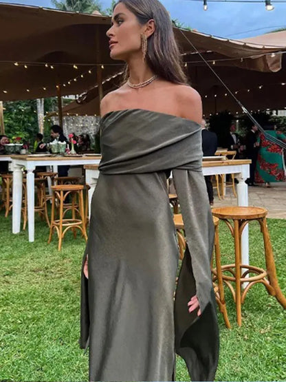 Elegant Pleats Dress For Women Fashion O-neck Long Sleeve Dresses Female 2024 Sping Summer Rose Red Maxi Ladies Vestidos