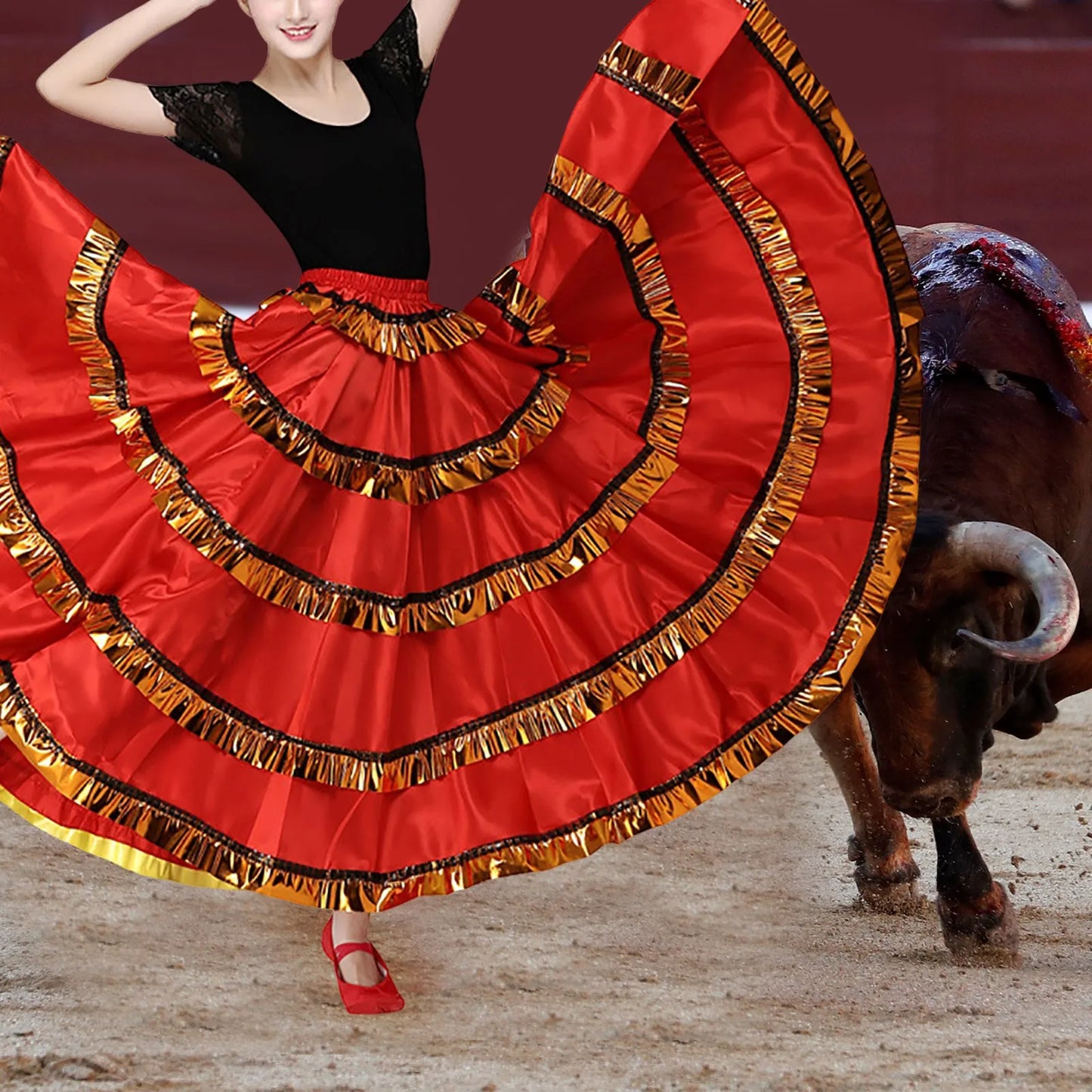 Womens Spanish Bull Dance Skirt Belly Dance Skirt Large Swing Skirt Ruffle Long Full Folkloric Mexican Skirt Flowy Dancing Dress