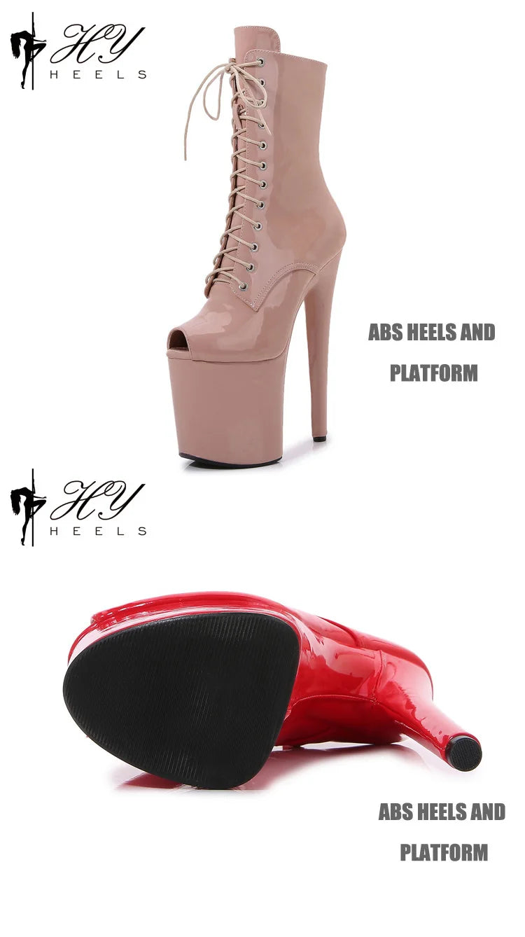 2025 New Pink Peep Toe 20cm/8Inch High Stripper Pole Dancing Women's Shoes Women Sexy Fetish Stiletto Heels Lace Up Short Boots