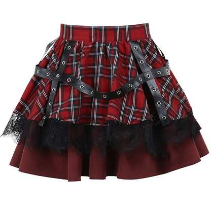 plus Size Gothic Harajuku Plaid Pleated Skirt Y2K Lolita Sweet Lace Mini Punk Kawaii Cosplay Costume Girls Clothing