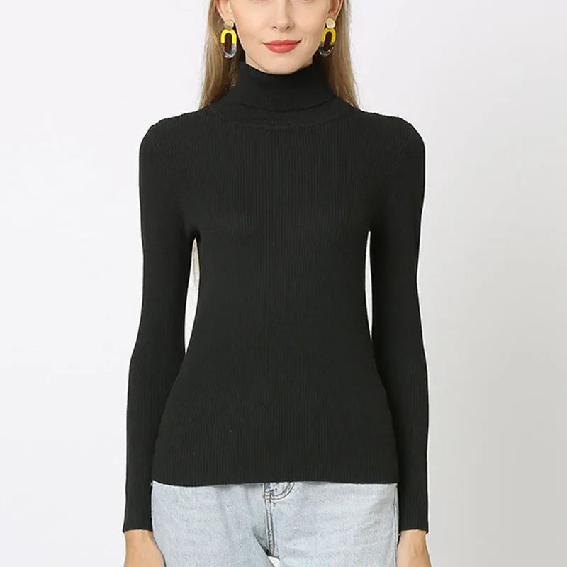 Women Turtleneck Sweaters Solid Color Autumn Winter Warm Knitted Pullovers Soft Tops Female Slim Fit Knitwear Lady Basic Jumpers