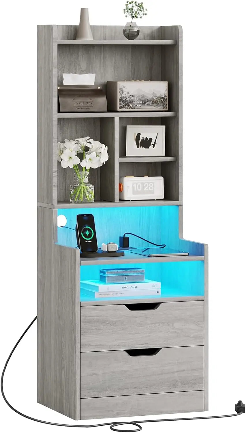 Charging Nightstand Set of 2 with LED Lights,Tall Night Stand with Bookshelf,Bedside Table with Drawers