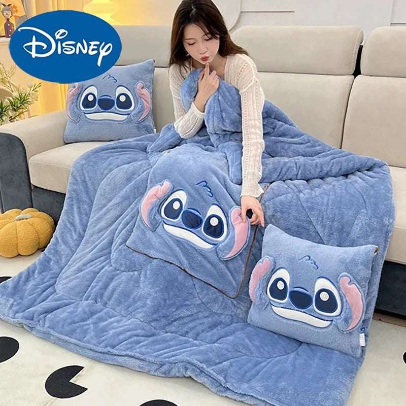 Disney Stitch Throw Pillow Blankets Two In One Kawaii Flannel Thickened Nap Blanket Living Room Kids Bedroom Decoration Gift
