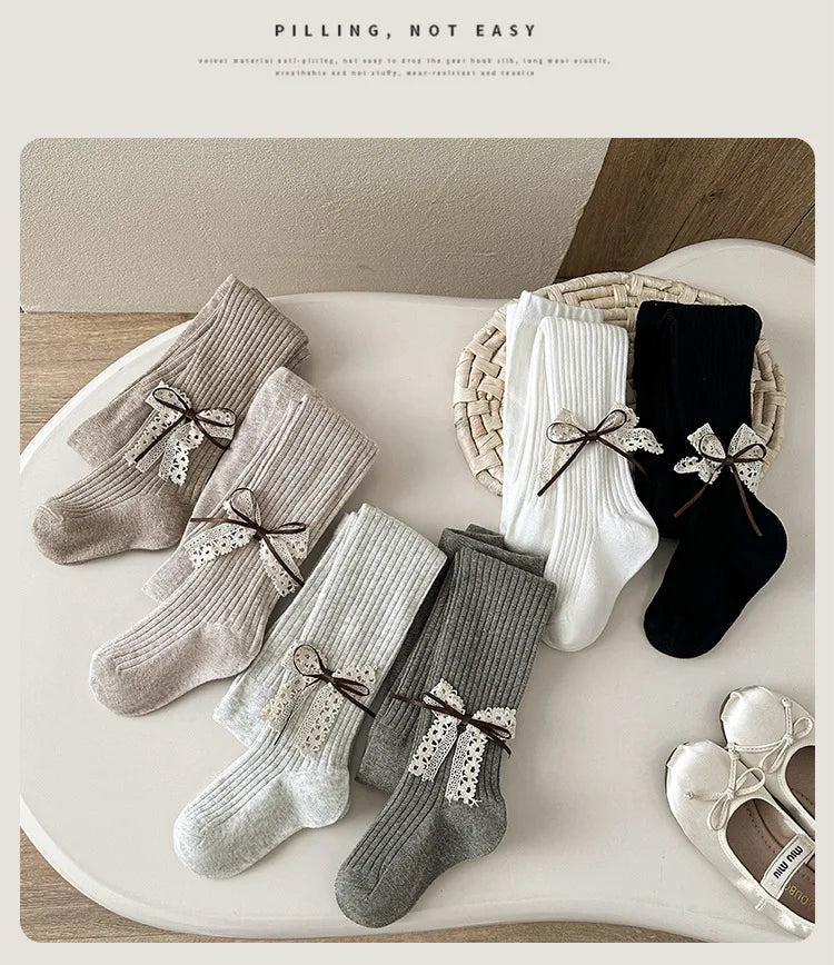 Children Cotton Tights Girls Cute Princess Bowknot Pantyhose Kids Stocking Baby Girls One-Piece Pantyhose Infant Knitted Tights