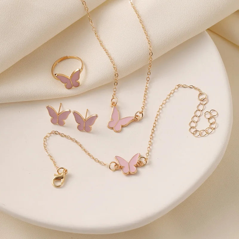 Fashion Butterfly Jewelry Set Acrylic Romantic Bracelet Ring Necklace Earring Set for Women Wedding Party New Year Festival Gift