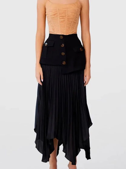 DEAT Fashion Women's Skirt High Waist Spliced Single Breasted Pleated Irregular Solid Color Long Skirts Spring 2024 New 17A6142