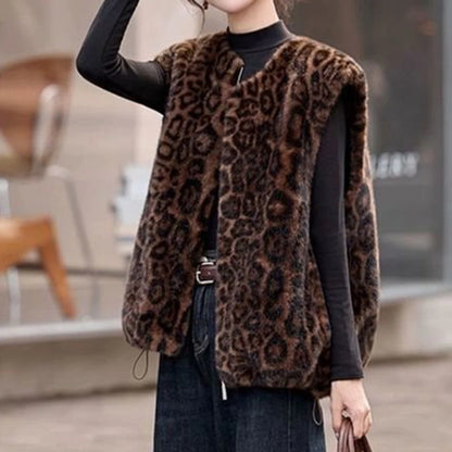 Winter fashion  casual senior sense thin  fur integrated leopard print vest warm top clothing  chalecos para mujer