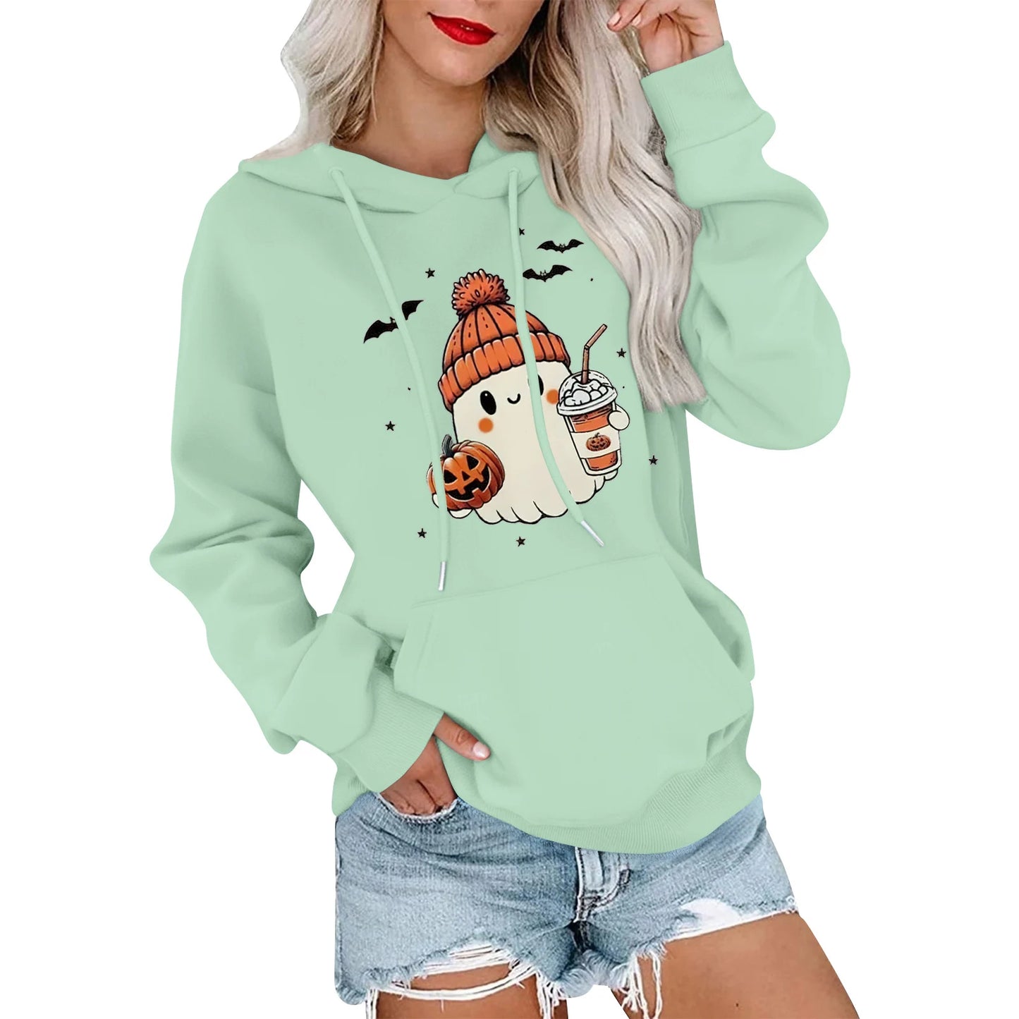 Women Halloween Printed Hoodie Casual Long Sleeve Sweatshirt Fashion Oversize Pullover Cozy Winter Streetwear Chic Loungewear