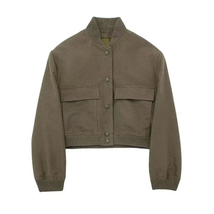 Women Fashion with Pockets Cropped Bomber Jacket Coat Vintage Long Sleeve Front Button Female Outerwear Chic Tops y2k clothes