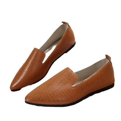 Women's Shoes PU Leather Loafers Ballet Flats Pointed Toe Barefoot Slip-on Casual Low Heel Fashion Stone Pattern Woman Flat Shoe